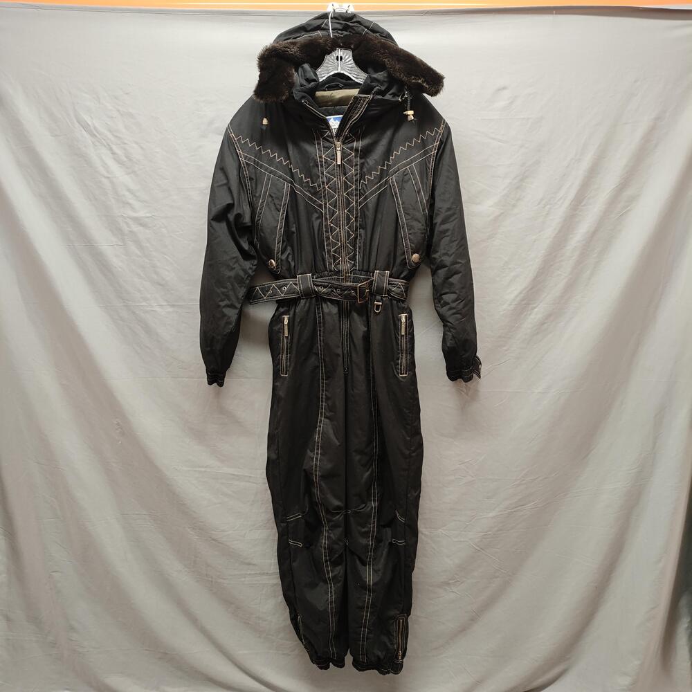 Vintage Powderhorn Snowsuit Womens 14 One Piece Belted Fur Hood Ski Suit 80s